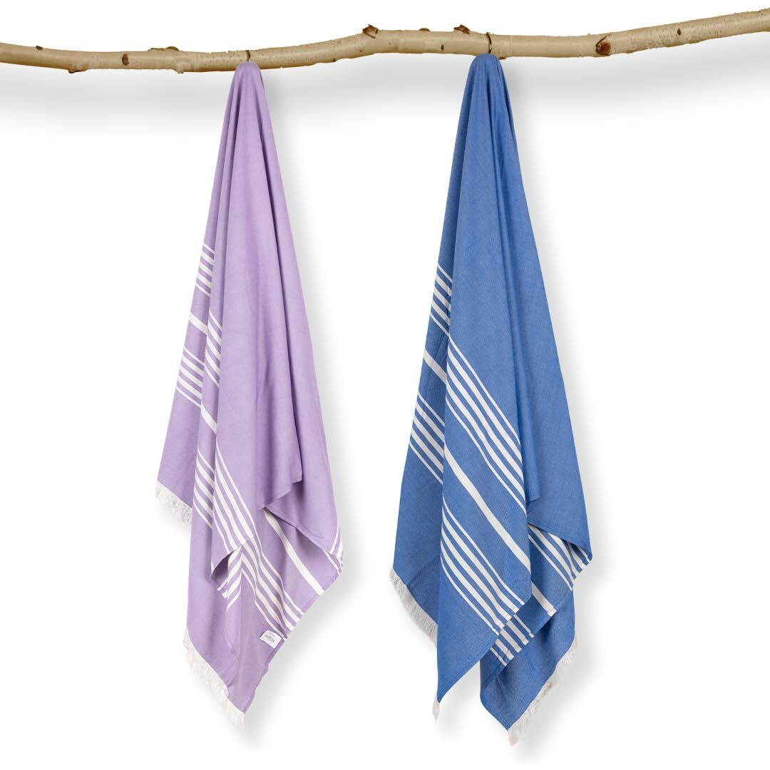 Mush Bamboo Turkish Towel Set Perfect Diwali, Wedding, Housewarming, for Couples. Soft, Absorbent, Compact,Travel, Gym, Beach, Pool, Yoga (2, Gift Box  Blue - Lavender)