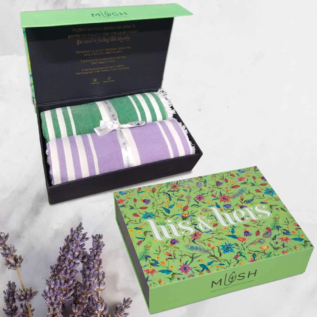 Mush Bamboo Turkish Towel Set Perfect Diwali, Wedding, Housewarming, Couples. Soft, Absorbent, Compact, Travel, Gym, Beach, Pool, Yoga (2 Gift Box  Lavender - Dark Green)