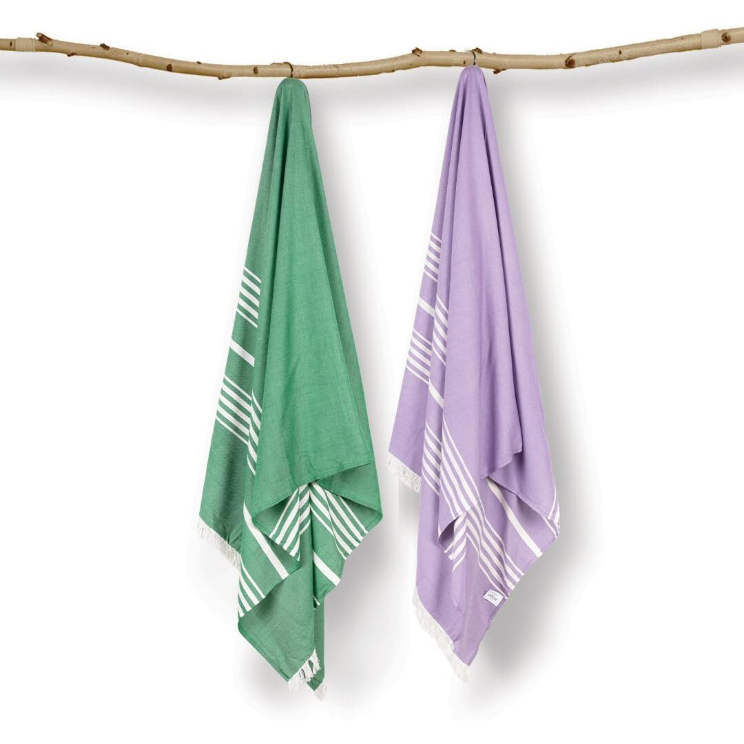 Mush Bamboo Turkish Towel Set Perfect Diwali, Wedding, Housewarming, Couples. Soft, Absorbent, Compact, Travel, Gym, Beach, Pool, Yoga (2 Gift Box  Lavender - Dark Green)