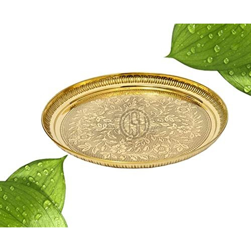 DSH Pure Brass Pooja Thali Plate Flower Embossed Design For Home Office And Diwali Puja Plate 5k (Set Of 2)
