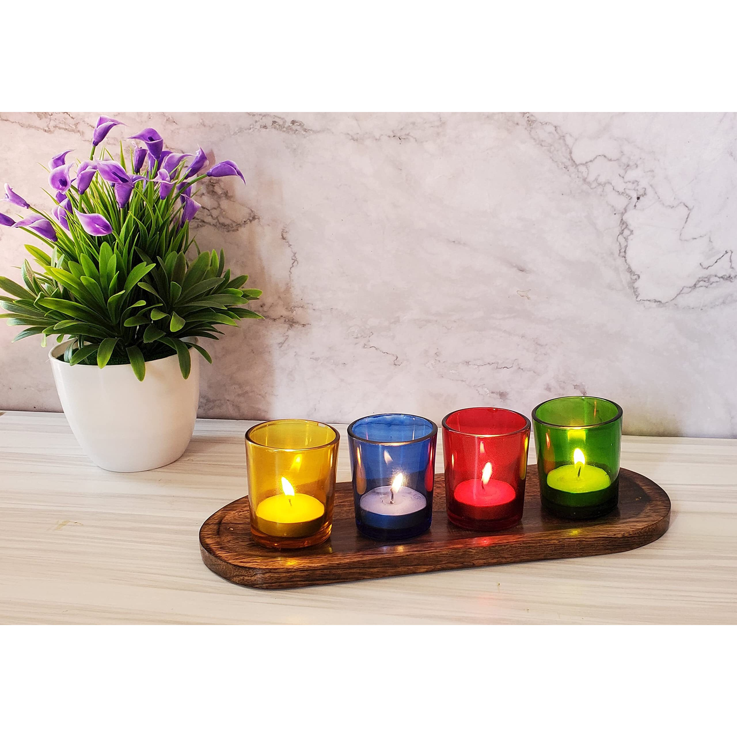 Pure Source India Glass Tealight Candle Holder with Tray -Diwali Decorations Items for Home and Diwali Gifts- Pack of 4 Votives, 4 Tealight Candles, 1 Wooden Tray