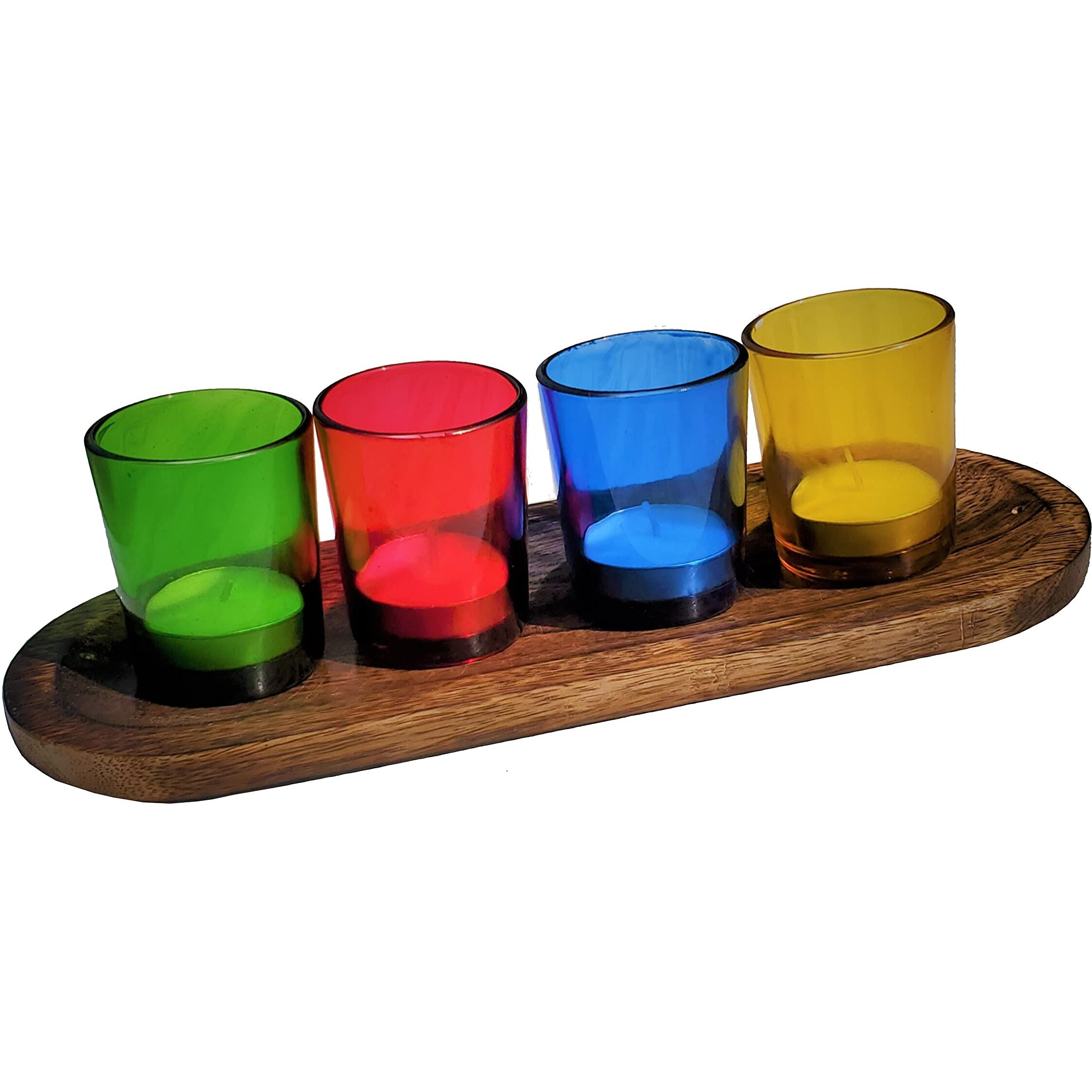 Pure Source India Glass Tealight Candle Holder with Tray -Diwali Decorations Items for Home and Diwali Gifts- Pack of 4 Votives, 4 Tealight Candles, 1 Wooden Tray