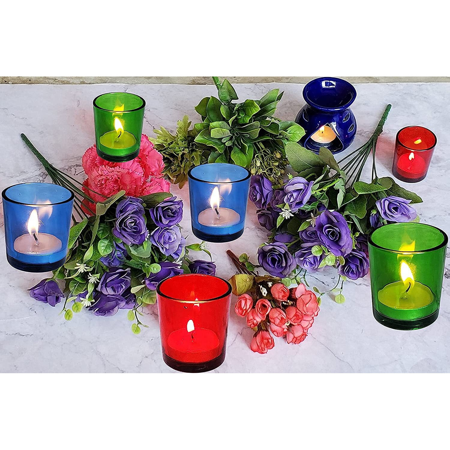 Pure Source India Glass Tealight Candle Holder with Tray -Diwali Decorations Items for Home and Diwali Gifts- Pack of 4 Votives, 4 Tealight Candles, 1 Wooden Tray