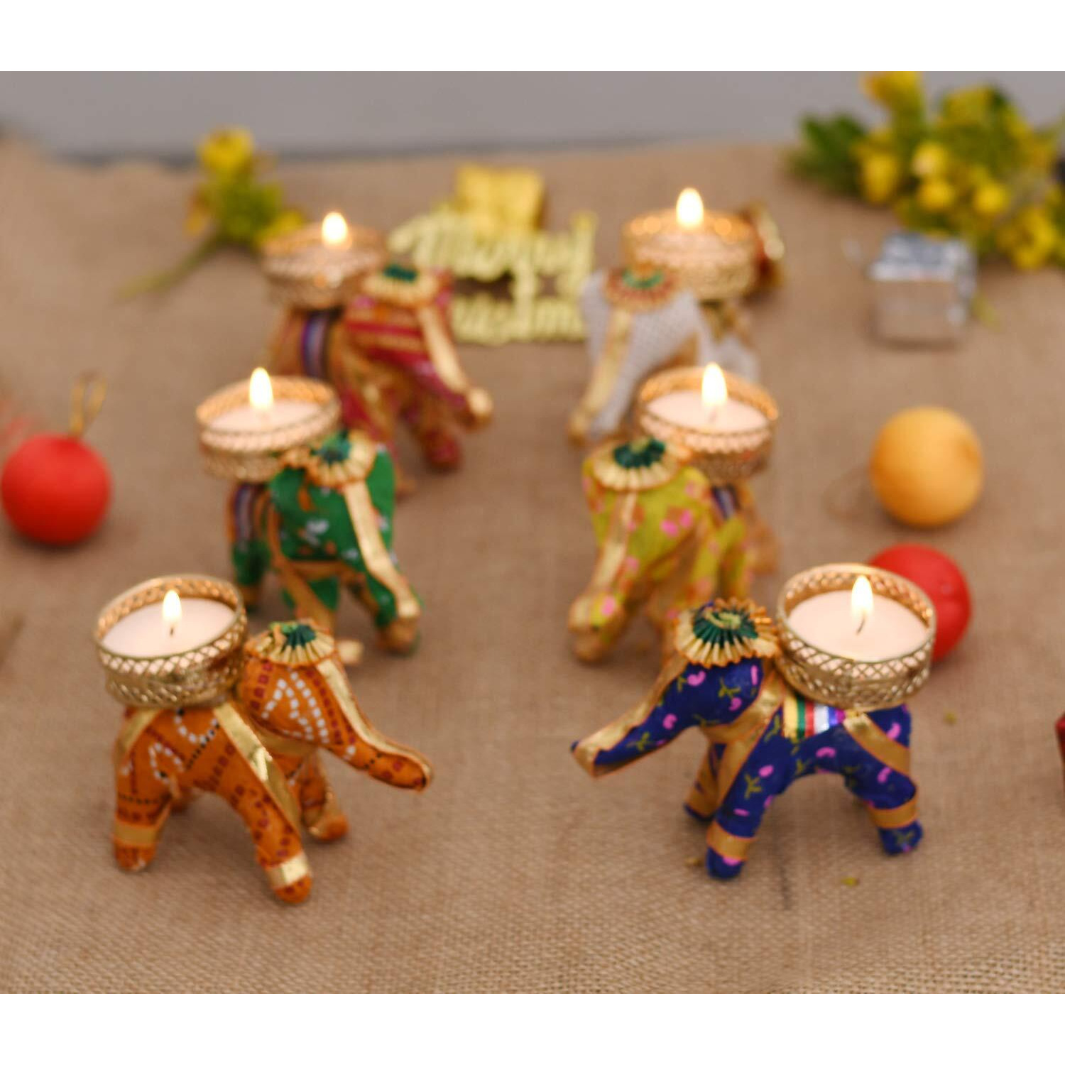 Collectible India Tealight Candle Holders Set for Diwali Decoration item for Home Dcor Tea light - Handmade Elephant Candle Stand Diwali Decorations - Items for Home Set of 6