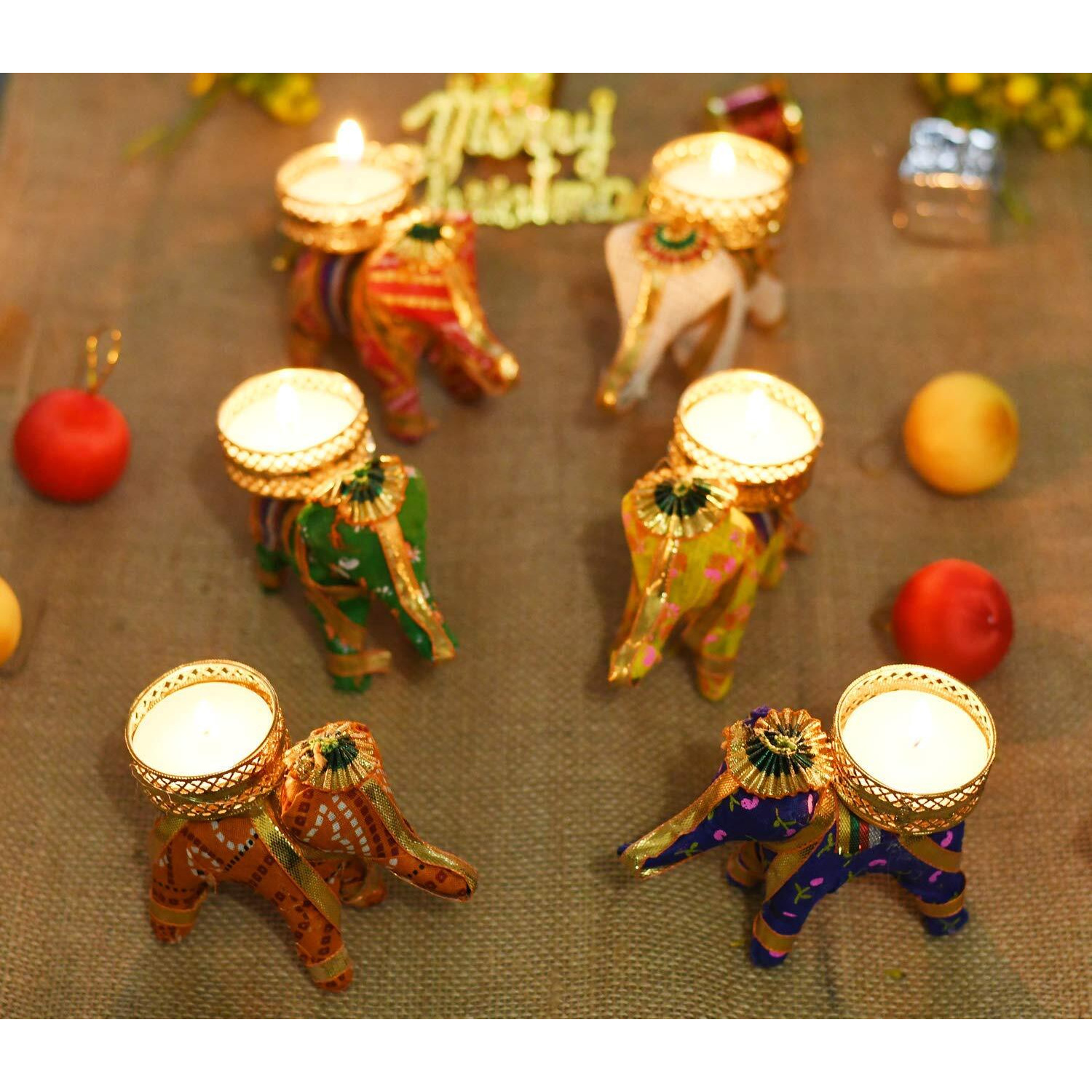 Collectible India Tealight Candle Holders Set for Diwali Decoration item for Home Dcor Tea light - Handmade Elephant Candle Stand Diwali Decorations - Items for Home Set of 6