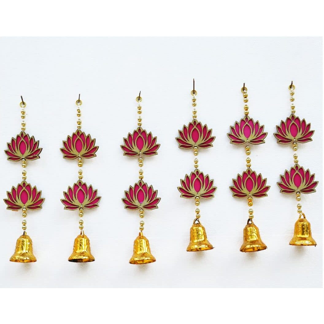 Diwali decoration items for home decor - Set of 6 Lotus Floral Decoration with Bell Wall Hanging Strings for Home Decoration, Temple, Diwali, Wedding, All Festival Decoration, Decorative Item for Wall/Door/Window Hanging