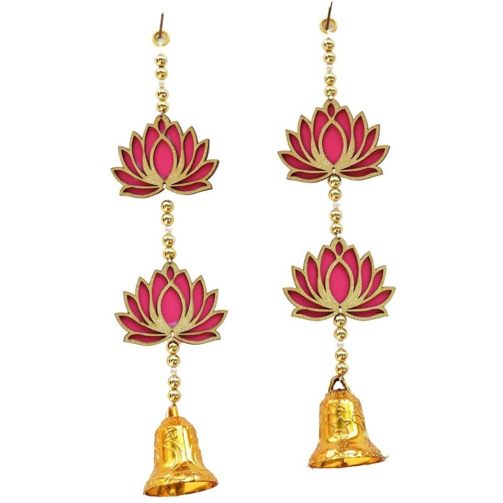 CraftVatika Lotus Floral Decoration with Bell Wall Hanging Strings for Home Decoration, Temple, Diwali, Wedding, All Festival Decoration, Decorative Item for Wall/Door/Window Hanging (2 Pcs)