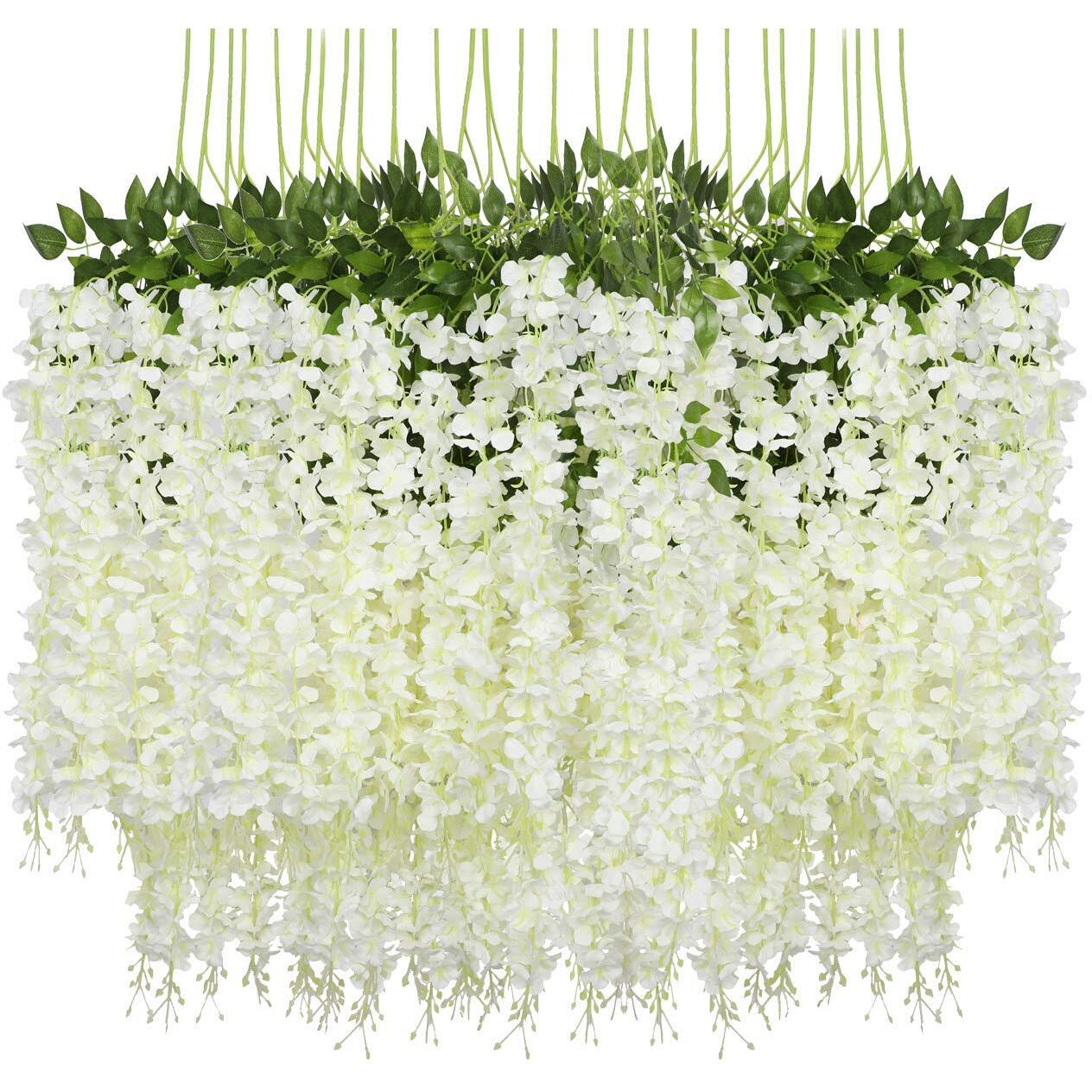ZHENGTU 12 Pack Decoration Artificial Wisteria Vine Ratta Fake Flower Wisteria Hanging Garland Silk Long Hanging Bush Flowers String Home Party Wedding Dcor Christmas and Diwali (White)