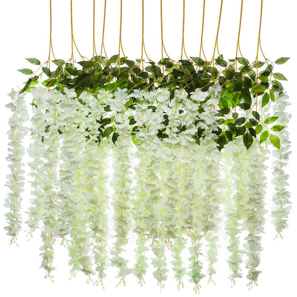 ZHENGTU 12 Pack Decoration Artificial Wisteria Vine Ratta Fake Flower Wisteria Hanging Garland Silk Long Hanging Bush Flowers String Home Party Wedding Dcor Christmas and Diwali (White)