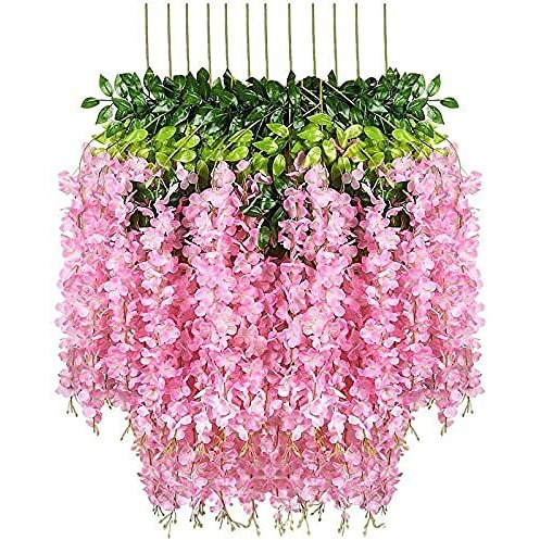 ZHENGTU 12 Pack Decoration Artificial Wisteria Vine Ratta Fake Wisteria Hanging Garland Silk Long Hanging Bush Flowers String Home Party Wedding Dcor Christmas and Diwali (Light Pink)