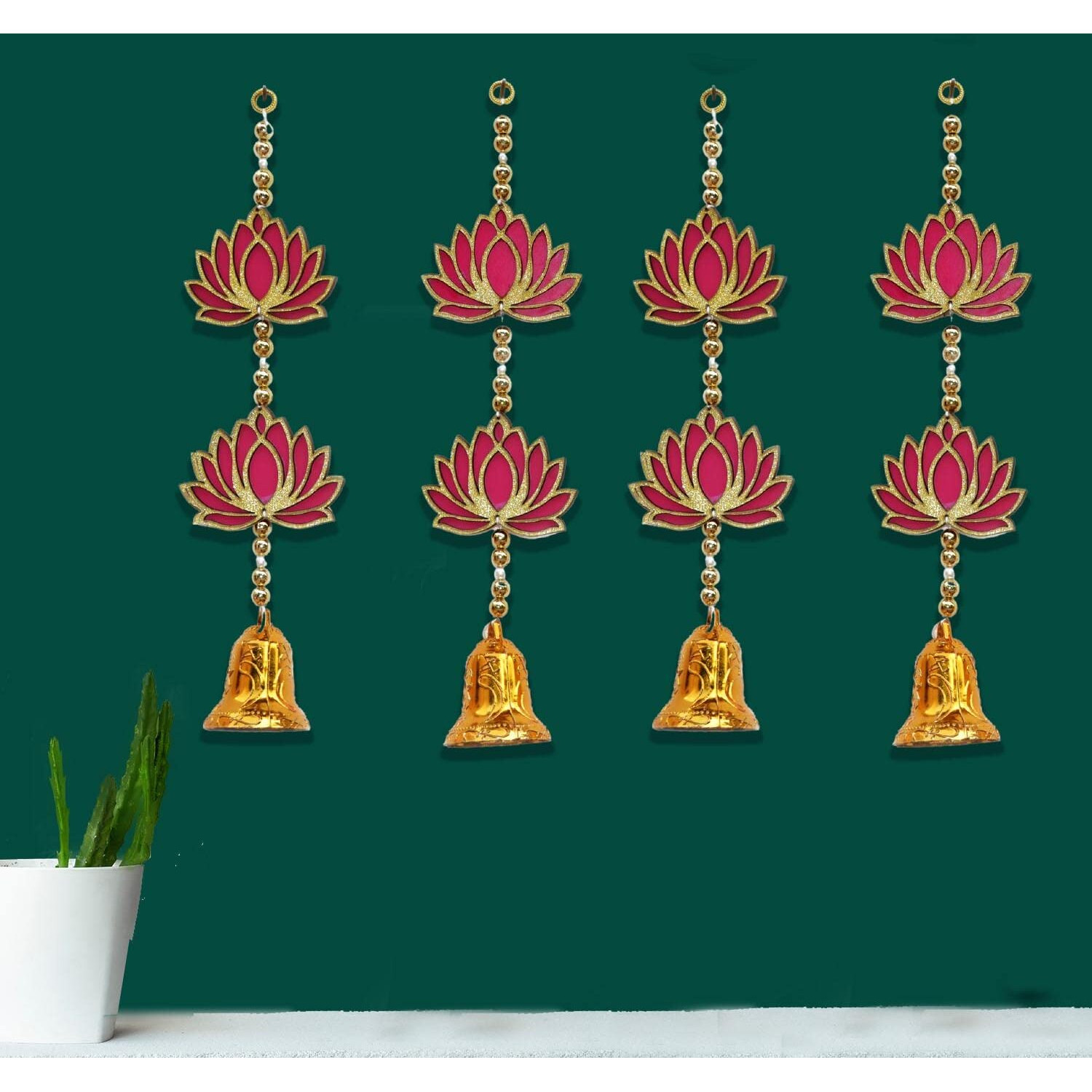 CraftVatika Lotus Floral Decoration with Bell Wall Hanging Strings for Home Decoration, Temple, Diwali, Wedding, All Festival Decoration, Decorative Item for Wall/Door/Window Hanging (4 Pcs)