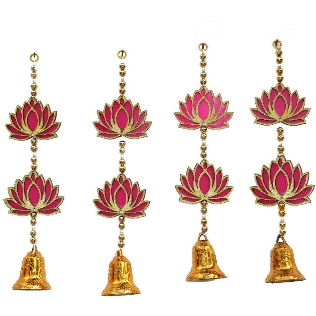 CraftVatika Lotus Floral Decoration with Bell Wall Hanging Strings for Home Decoration, Temple, Diwali, Wedding, All Festival Decoration, Decorative Item for Wall/Door/Window Hanging (4 Pcs)