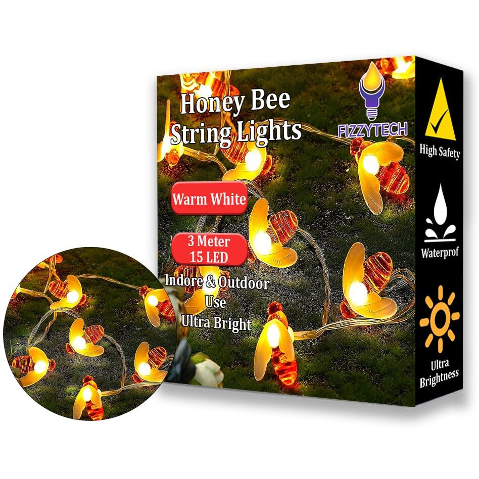 fizzytech Plastic Honey Bee String Lights Of Home Decoration Diwali Light For Party Birthday Diwali Christmas Navratri Valentine Gift Home Decoration Light (3 Meter 15 Led, Warm White)