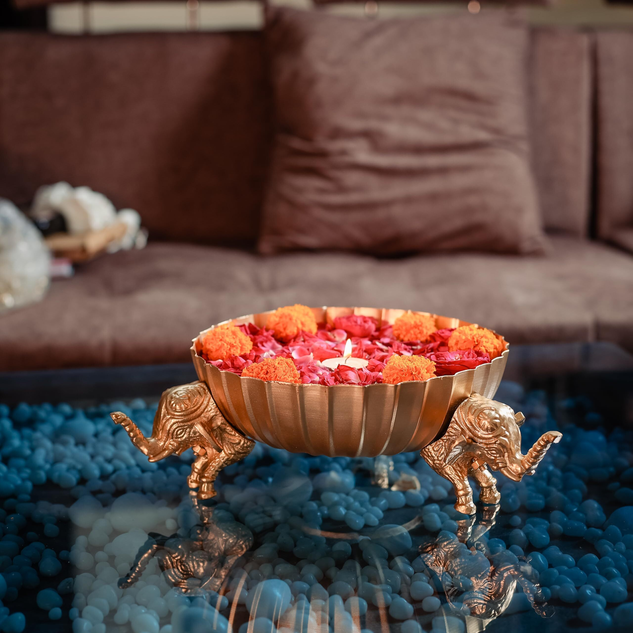CORAL TREE Beautiful Metal urli - Candle Holder Perfect Decoration for Home Office Diwali Decoration (Rangoli Style Circular Gold Color)