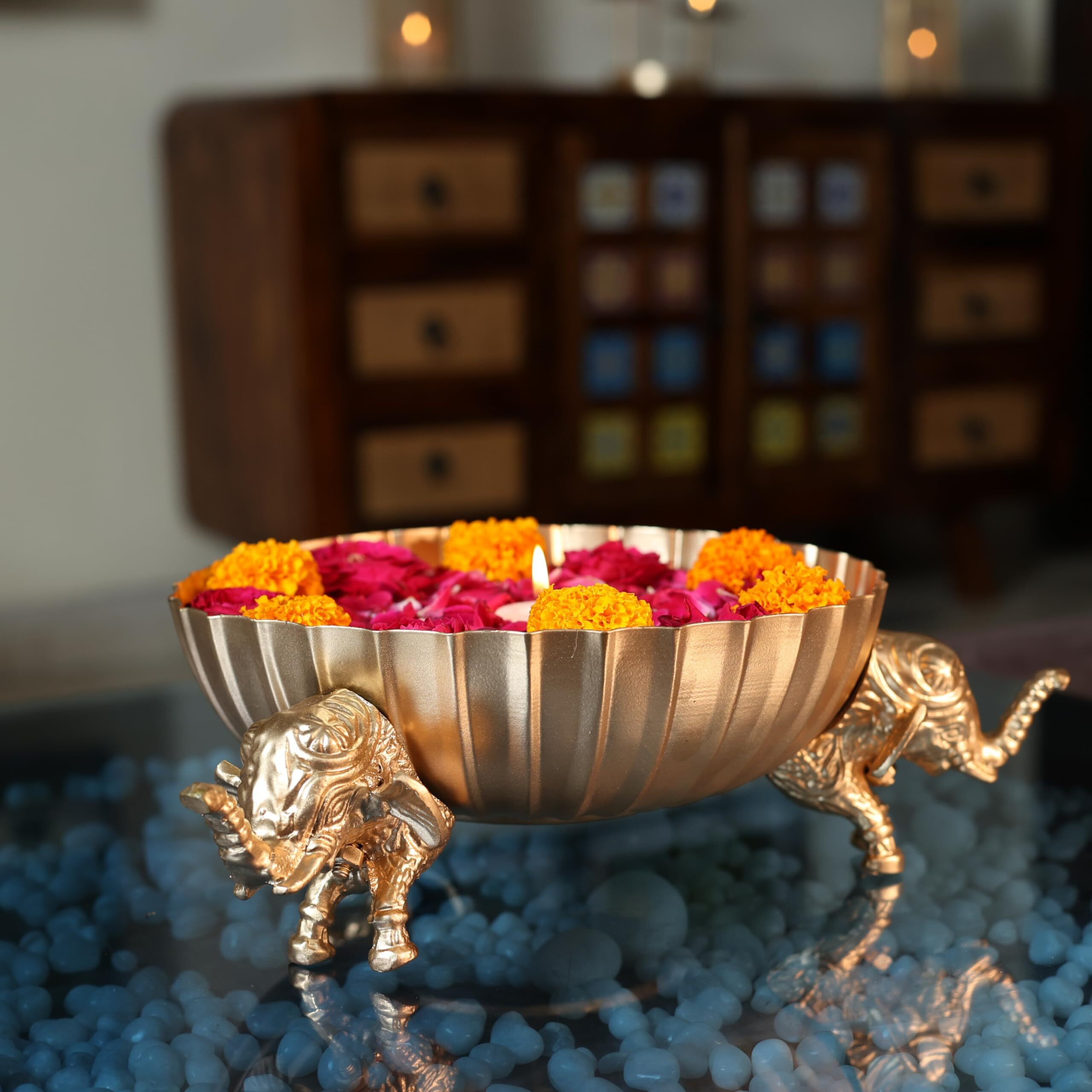 CORAL TREE Beautiful Metal urli - Candle Holder Perfect Decoration for Home Office Diwali Decoration (Rangoli Style Circular Gold Color)