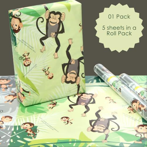 eVincE Animal Series Monkey Gift Wrapping Paper for kids birthday | Jungle Theme party dcor and return gifting ideas | 5 sheets of neutral Pattern for all occasions | Diwali Rakshabandhan gifts