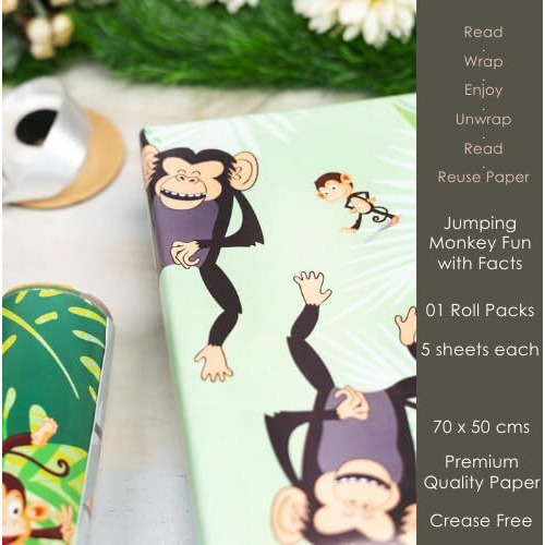 eVincE Animal Series Monkey Gift Wrapping Paper for kids birthday | Jungle Theme party dcor and return gifting ideas | 5 sheets of neutral Pattern for all occasions | Diwali Rakshabandhan gifts