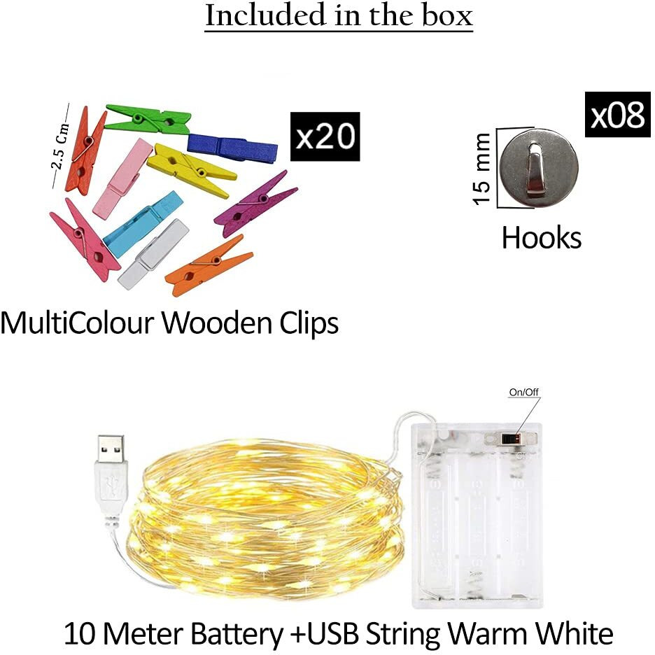 Nisco Photo Clip String Lights 32Ft - 100 LED Fairy Lights with 20 Colour Clips for Hanging Pictures, USB & 3AA Battery Powered Photo Light Best for Photographs-Perfect For Diwali Christmas Wall Decor