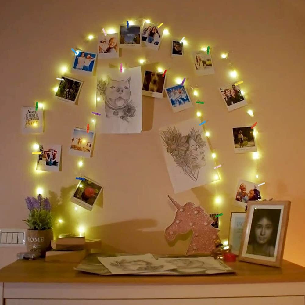 Nisco Photo Clip String Lights 32Ft - 100 LED Fairy Lights with 20 Colour Clips for Hanging Pictures, USB & 3AA Battery Powered Photo Light Best for Photographs-Perfect For Diwali Christmas Wall Decor
