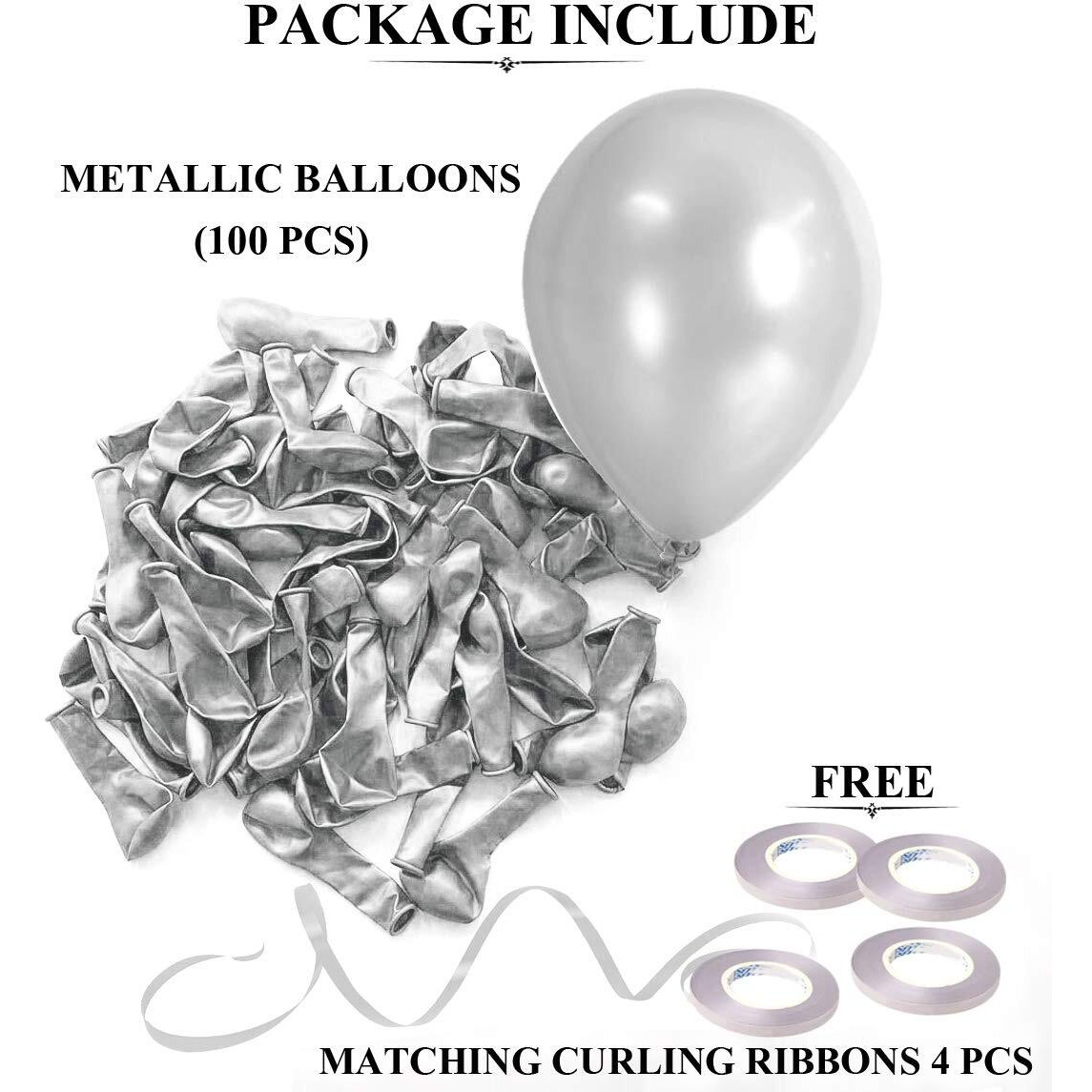 AMFIN 10 Inch (Pack Of 100) Silver Metallic Balloons for Birthday Decoration , Frozen Theme Party Decoration Items , Decoration for Weddings , Engagement , Baby Shower Decoration Items , 1st Birthday Party Decoration Items , Anniversary Party , Bachelors Party , Office Party , Diwali , New Year Party , Christmas Decoration Items