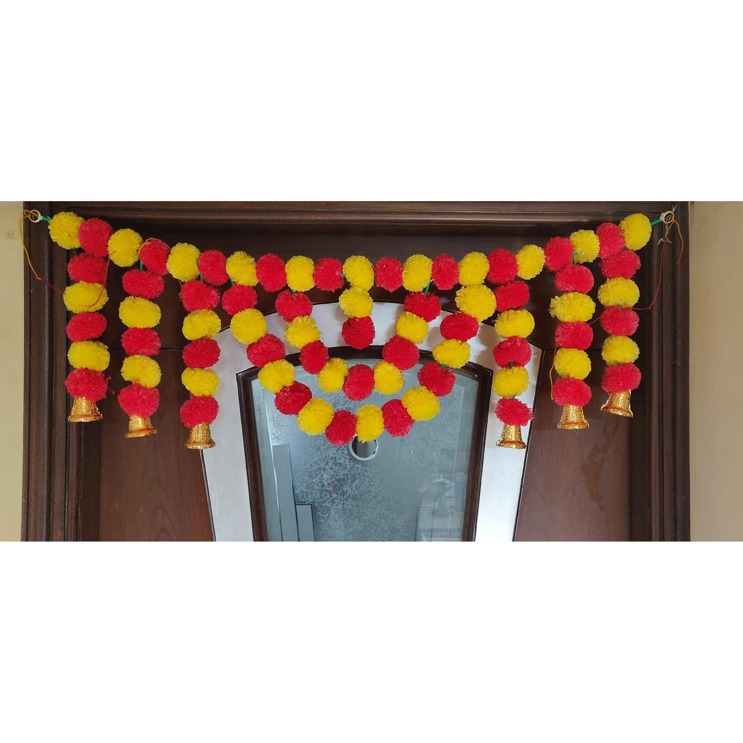 CraftVatika Fabric Marigold Wall Hanging Fluffy Flowers Garlands Set for Diwali Decoration - Set of 2