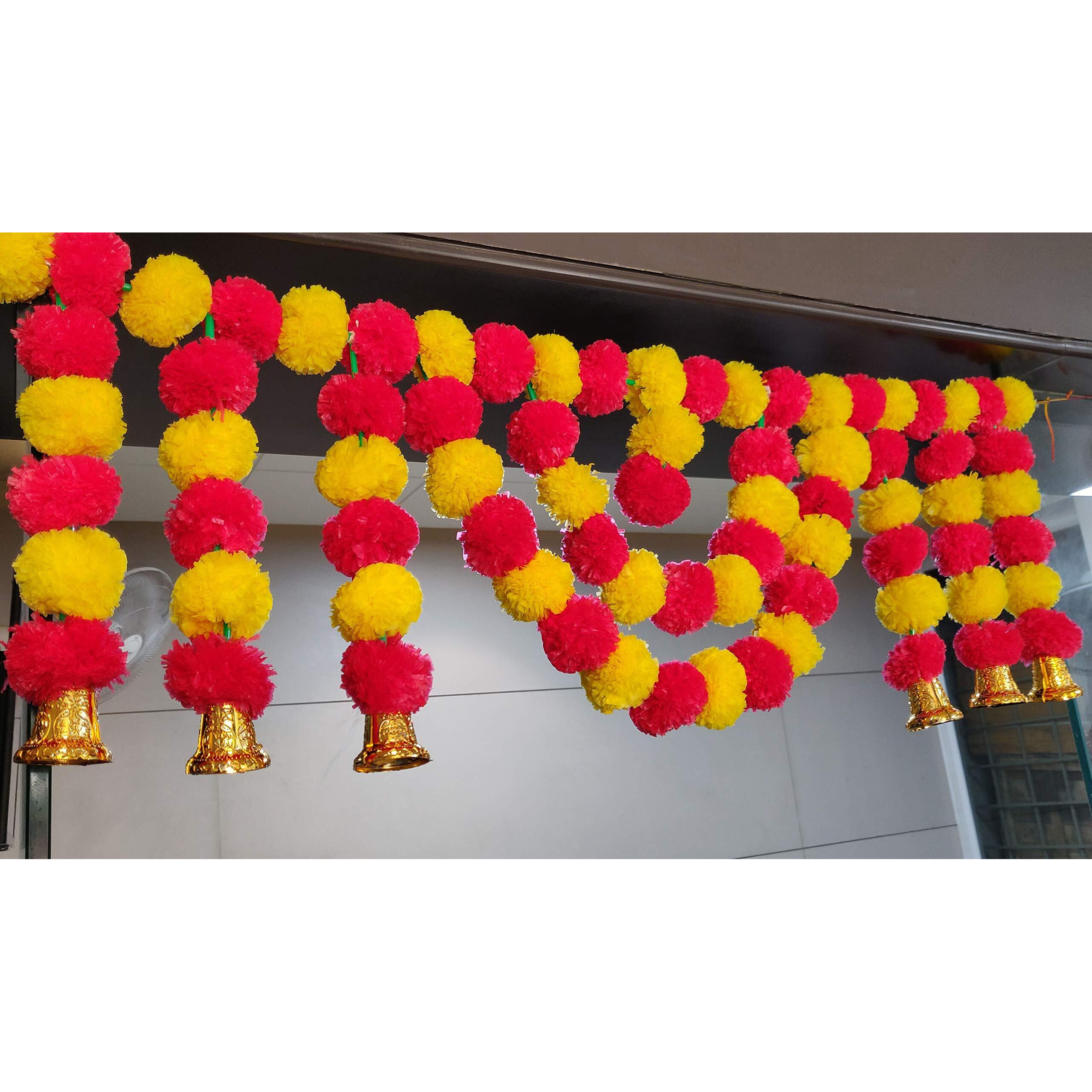 CraftVatika Fabric Marigold Wall Hanging Fluffy Flowers Garlands Set for Diwali Decoration - Set of 2
