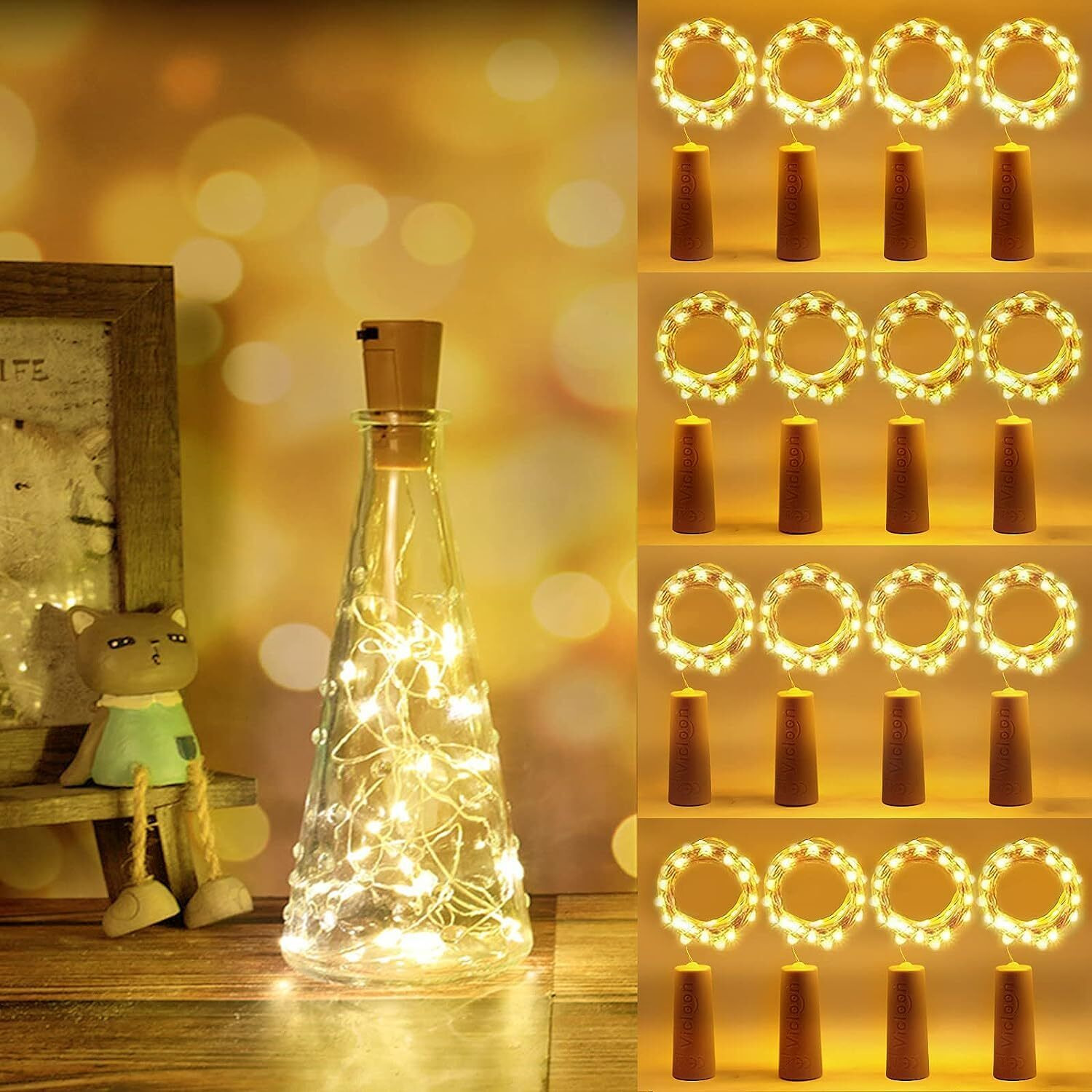 Groeien Pack of 16 Cork Lights for Wine Bottles, 20 LED Copper Wire Bottle Lights String Starry LED Lights for Bottle DIY, Decor, Diwali, Christmas(Batteries Included)