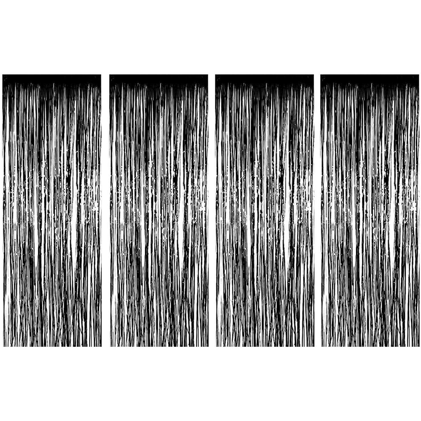 AMFIN ( Pack of 4 2.5 x 6 Feet Black Metallic Fringe Curtains for Engagement, Baby Shower, 1st Birthday, Wedding Anniversary, Diwali Decorations/Home Decor Curtain