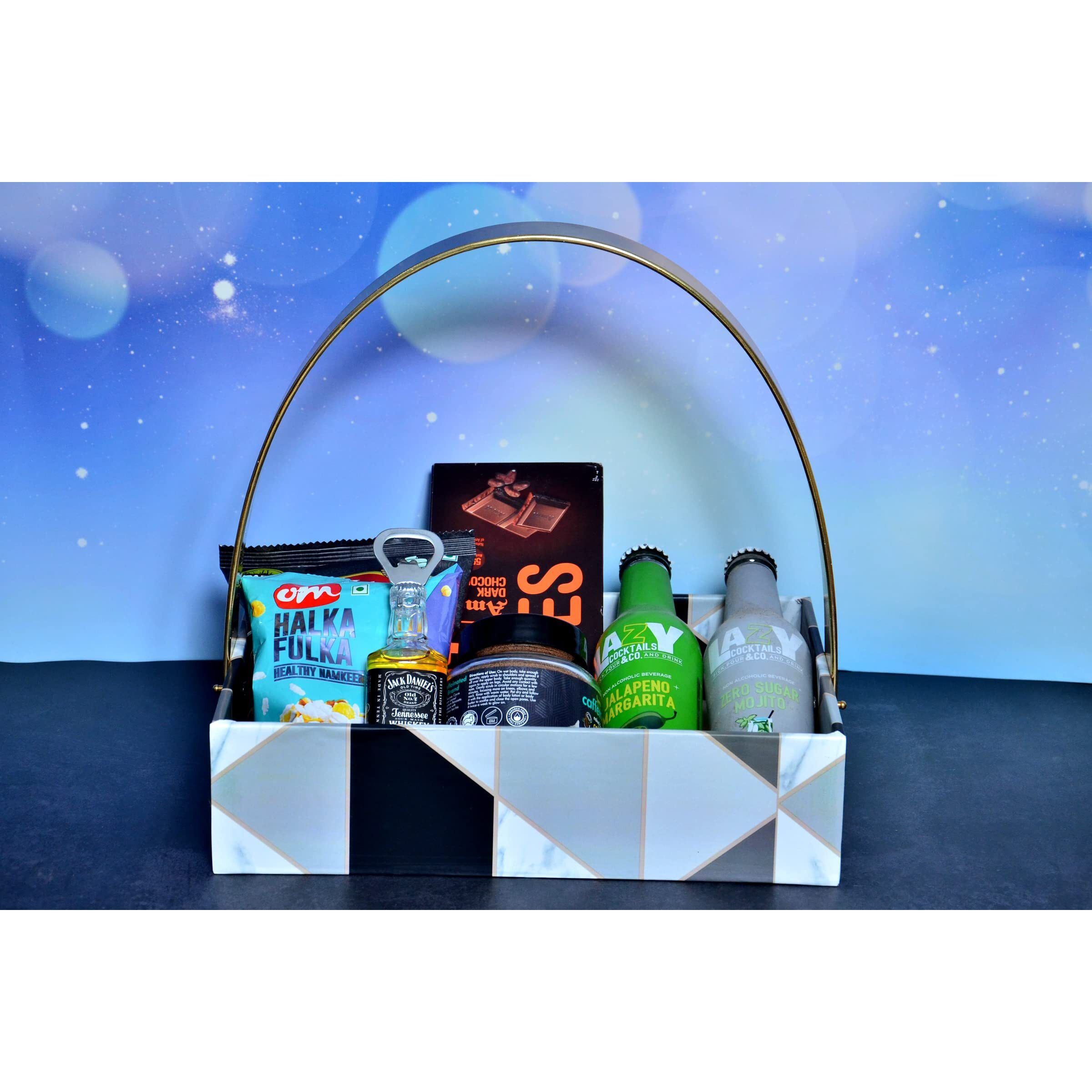 GiftDial Hamper Trousseau Packing Tray with Satin Lining Decorative Basket, Golden Handle I Perfect Wooden Gifting Tray for Diwali, Birthday, Anniversary & Marriage (Geometrical BLACK, 10)