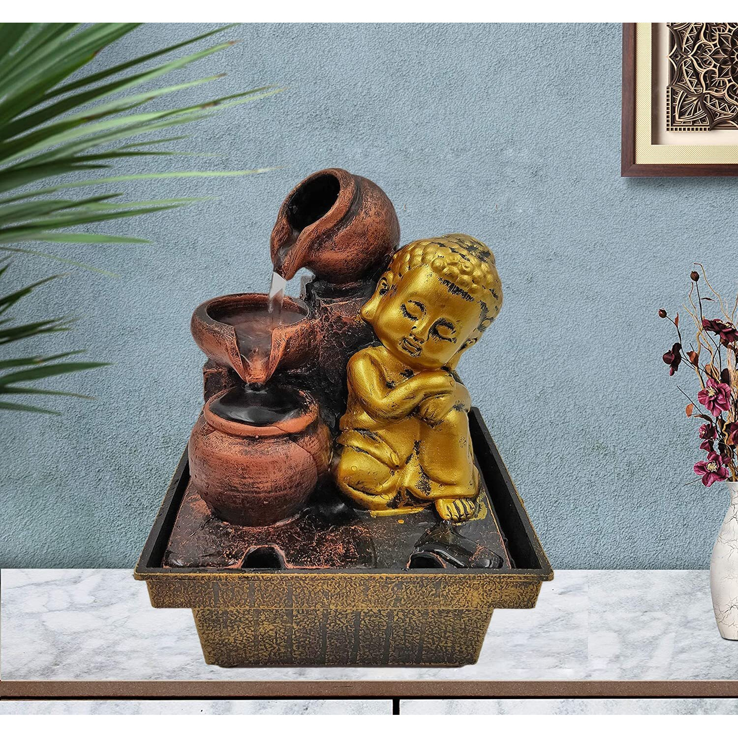 GTC Beautiful Lord Buddha Mini Waterfall Fountain Show with Electric Water Pump for Home Decoration for Diwali birthday anniversary showpiece for Drawing Room Living Room (Brown, 1718)