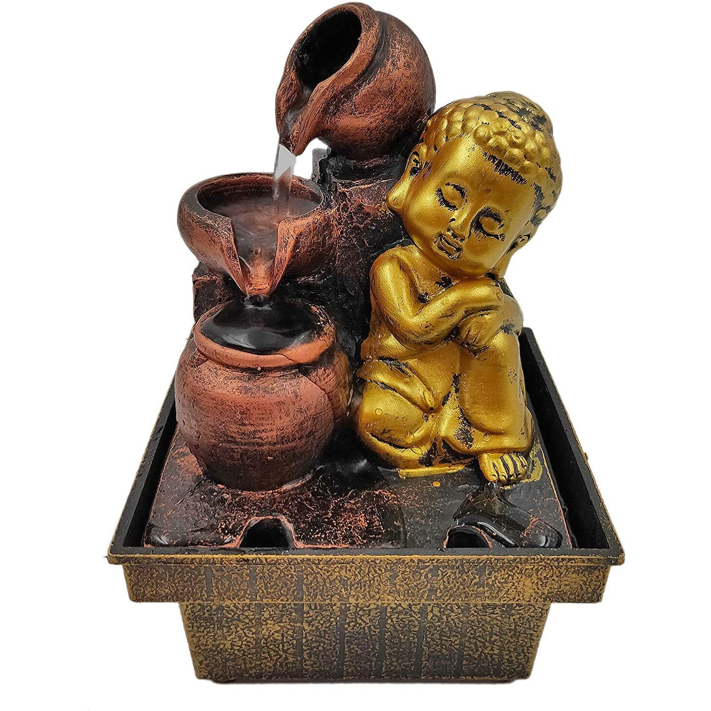 GTC Beautiful Lord Buddha Mini Waterfall Fountain Show with Electric Water Pump for Home Decoration for Diwali birthday anniversary showpiece for Drawing Room Living Room (Brown, 1718)