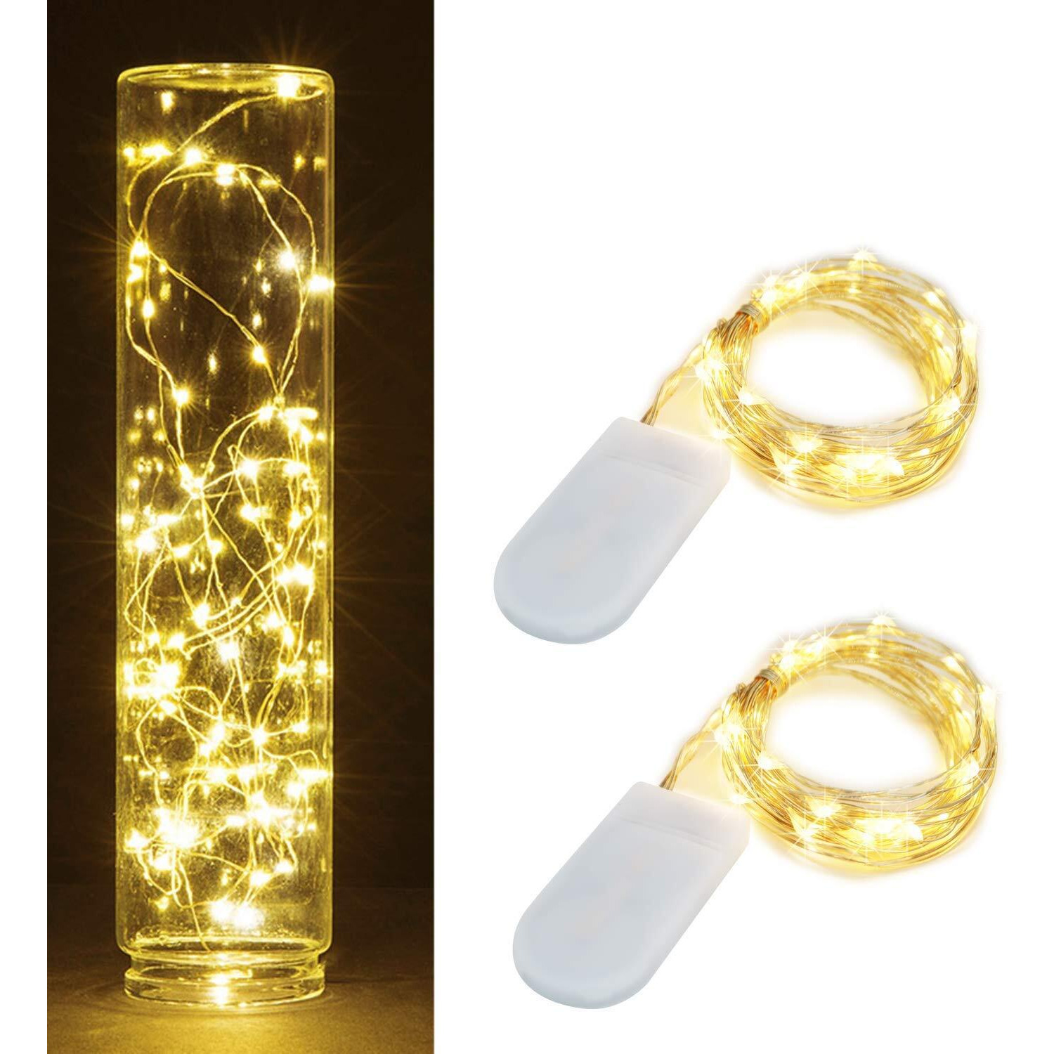 Infiprises Pack of 2 - 20 LED 2 Meter Battery Powered Decoration Starry String Lights Operated by 2 x CR2032 with Large Beads Silver Wire for DIY - Diwali Christmas Lights Festival Rice Light