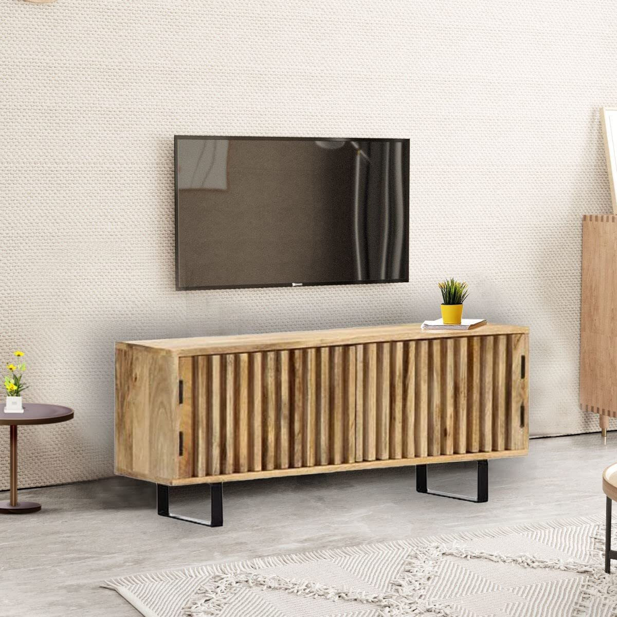SMAART CRAAFTS Grove Solid Wood TV Unit for Living Room | Premium 2 Door TV Cabinet for Home | Mango Wood, Natural Finish | Entertainment Unit with Iron Legs| Diwali Decorations