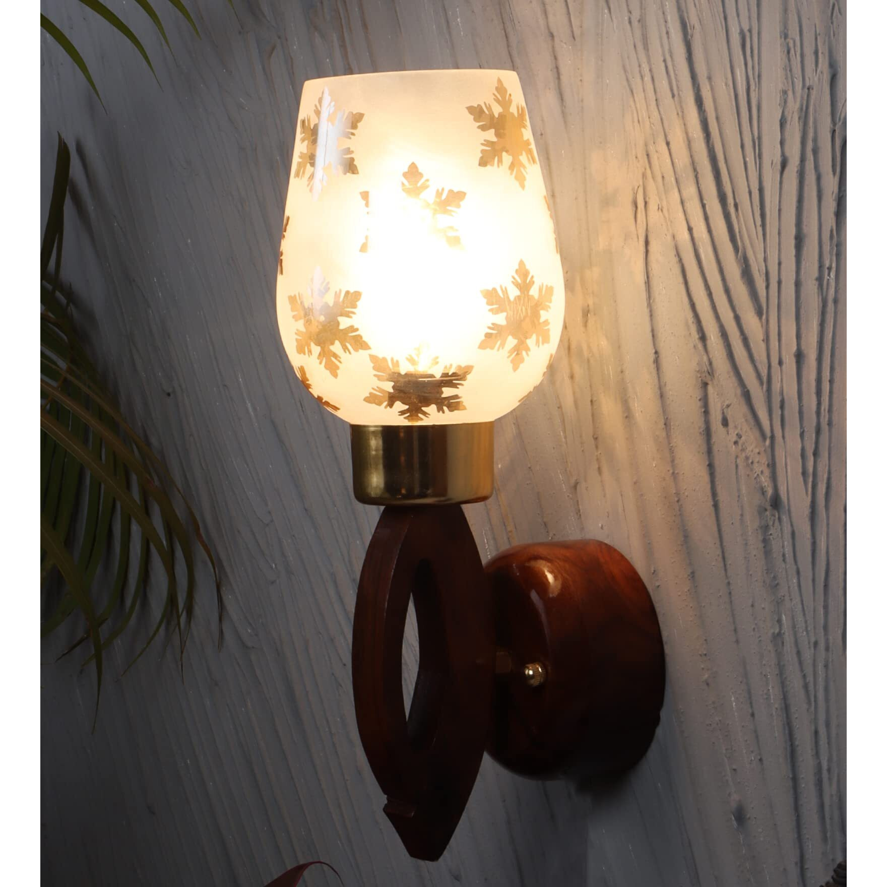 Green House Handmade Sheesham Wood Wall Light Lamp | Modern Fancy Light | Gold Leaf Printed Glass | E27 Bulb Holder(Bulb not Included) | Diwali Decor | Bedroom, Living Room, Dining Room, Hallway