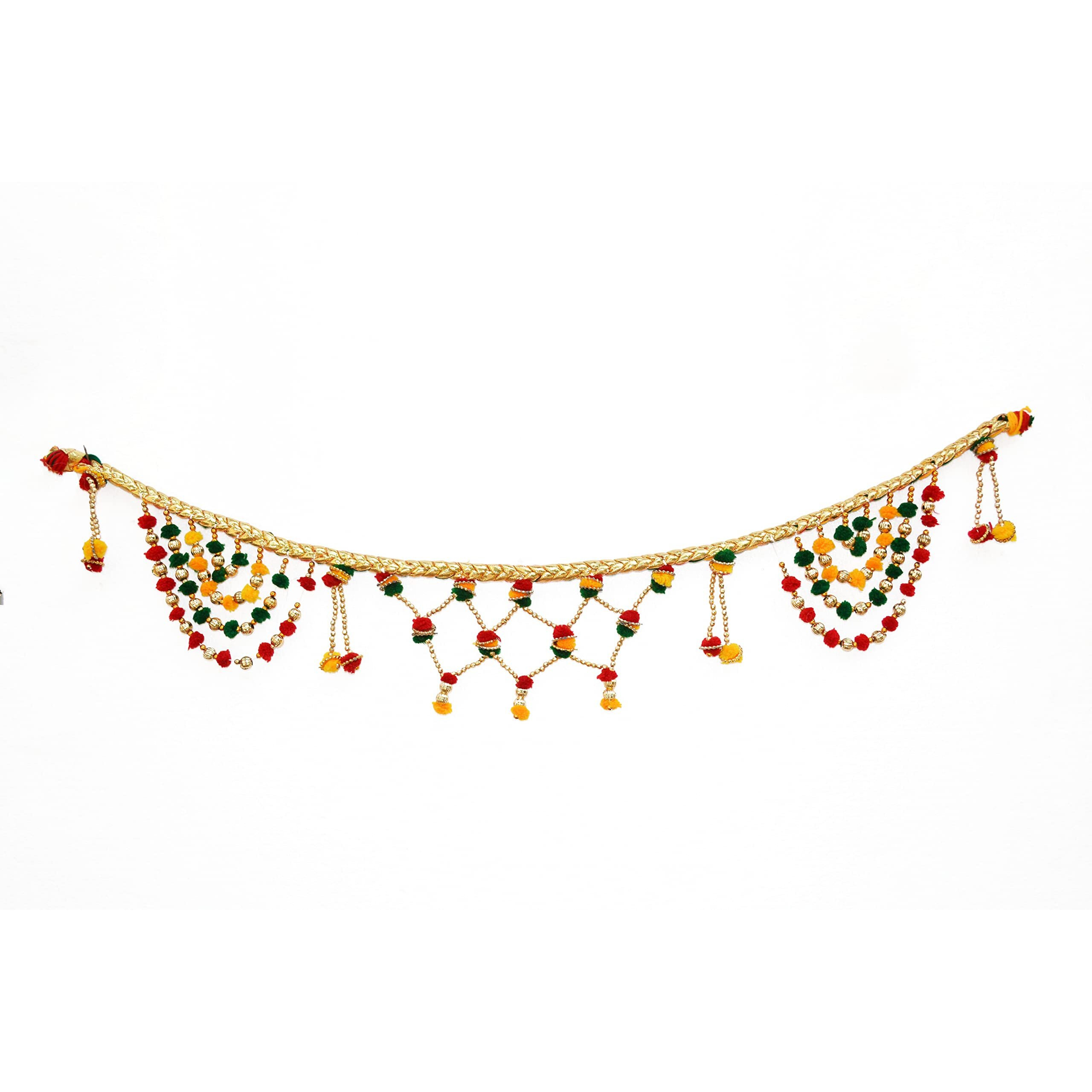 CraftVatika Pom Pom Toranam Hanging Bandhanwar for Door Wall, Handmade Multicolor Golden Beads Toran for Diwali Navratri Onam Festival