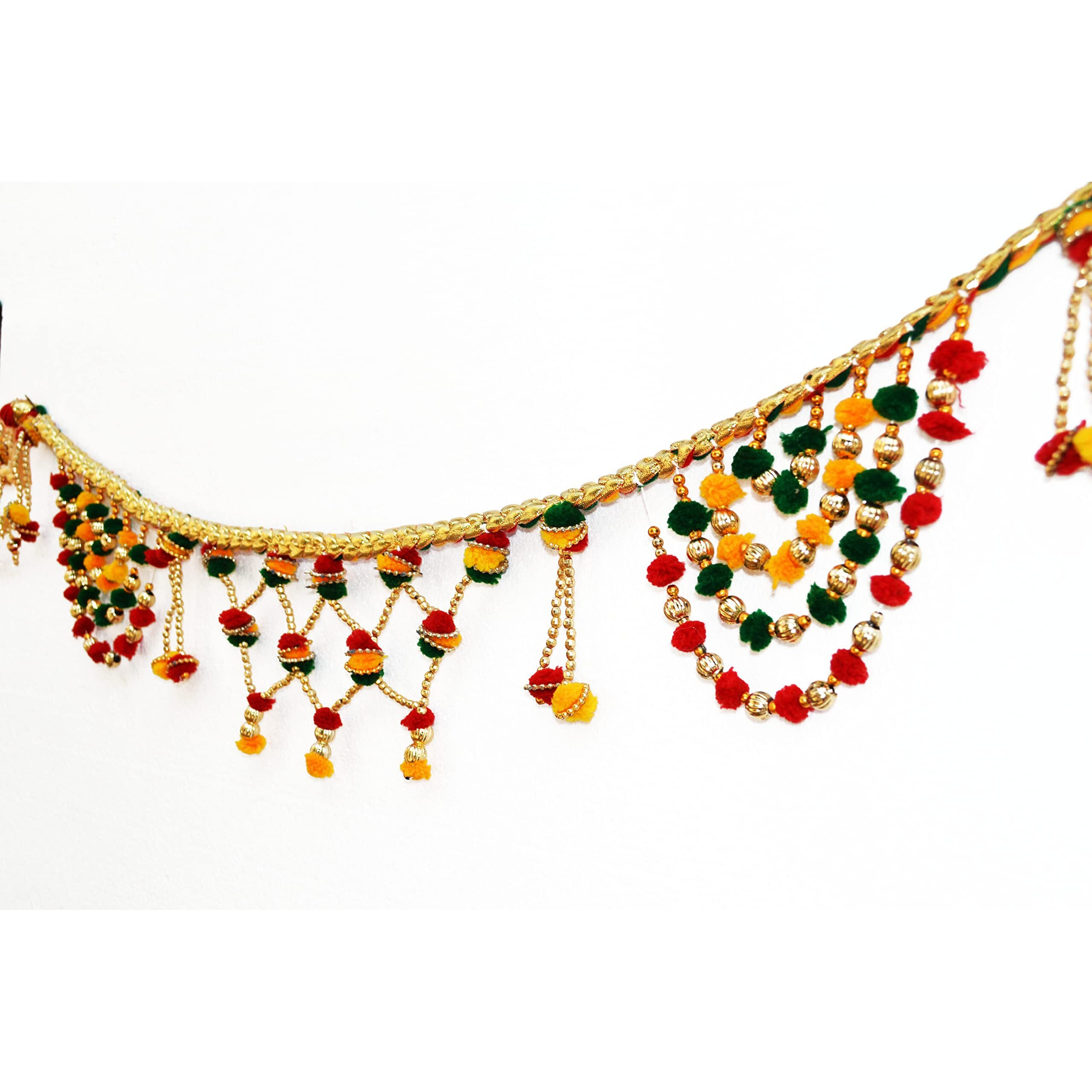 CraftVatika Pom Pom Toranam Hanging Bandhanwar for Door Wall, Handmade Multicolor Golden Beads Toran for Diwali Navratri Onam Festival