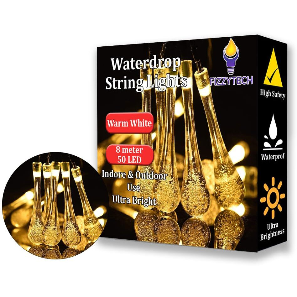 fizzytech Waterdrop String Lights of Home Decoration Diwali Light for Party Birthday Diwali Christmas Navratri Valentine Gift Home Decoration Light (8 Meter 50 LED, Warm White)