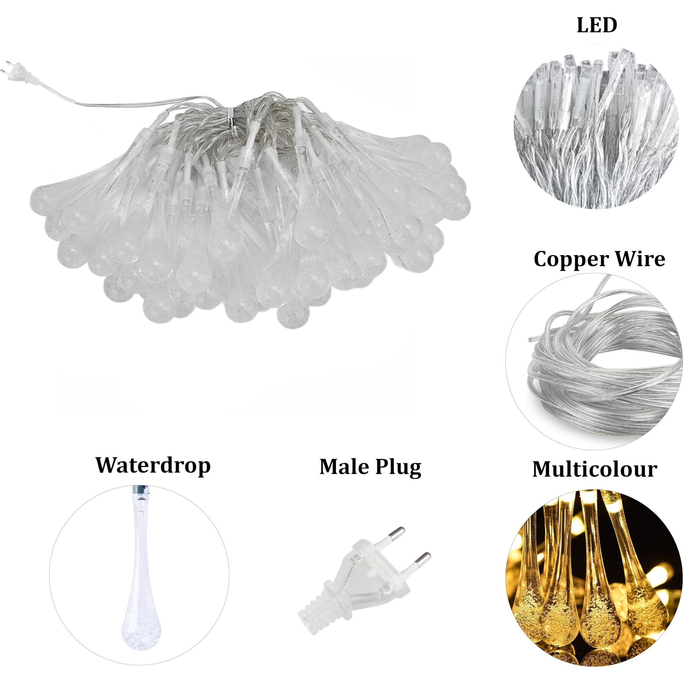 fizzytech Waterdrop String Lights of Home Decoration Diwali Light for Party Birthday Diwali Christmas Navratri Valentine Gift Home Decoration Light (8 Meter 50 LED, Warm White)