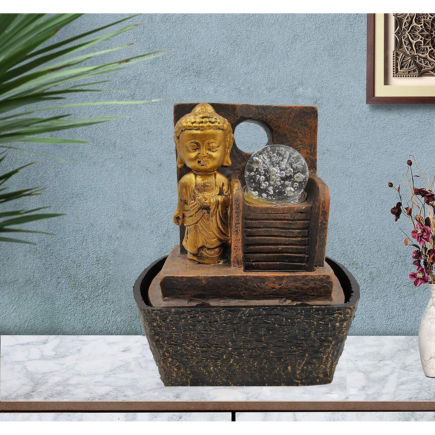 GTC Beautiful Lord Buddha Mini Waterfall Fountain Show with Electric Water Pump for Home Decoration for Diwali birthday anniversary showpiece for Drawing Room Living Room (1731)