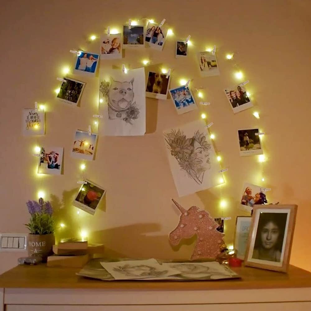 Nisco Photo Clip String Lights 32Ft - 100 LED Fairy Lights with 20 Wooden Clips for Hanging Pictures, USB & 3AA Battery Powered Photo Light Best for Photographs-Perfect For Diwali Christmas Wall Decor