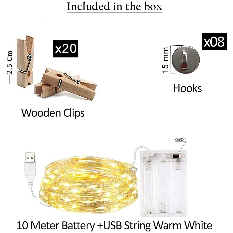 Nisco Photo Clip String Lights 32Ft - 100 LED Fairy Lights with 20 Wooden Clips for Hanging Pictures, USB & 3AA Battery Powered Photo Light Best for Photographs-Perfect For Diwali Christmas Wall Decor