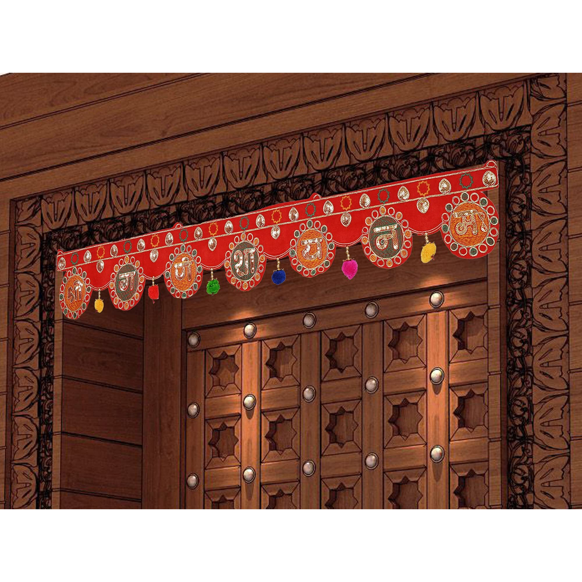 CraftVatika Velvet Toran for Door Hanging,Entrance Diwali,Navratri Bandarwal,Bandhanwar for Pooja Temple Home Decoration Handmade Pompom,Toranam for Pongal Onam Multicolor (37 Inches x 5 Inches)