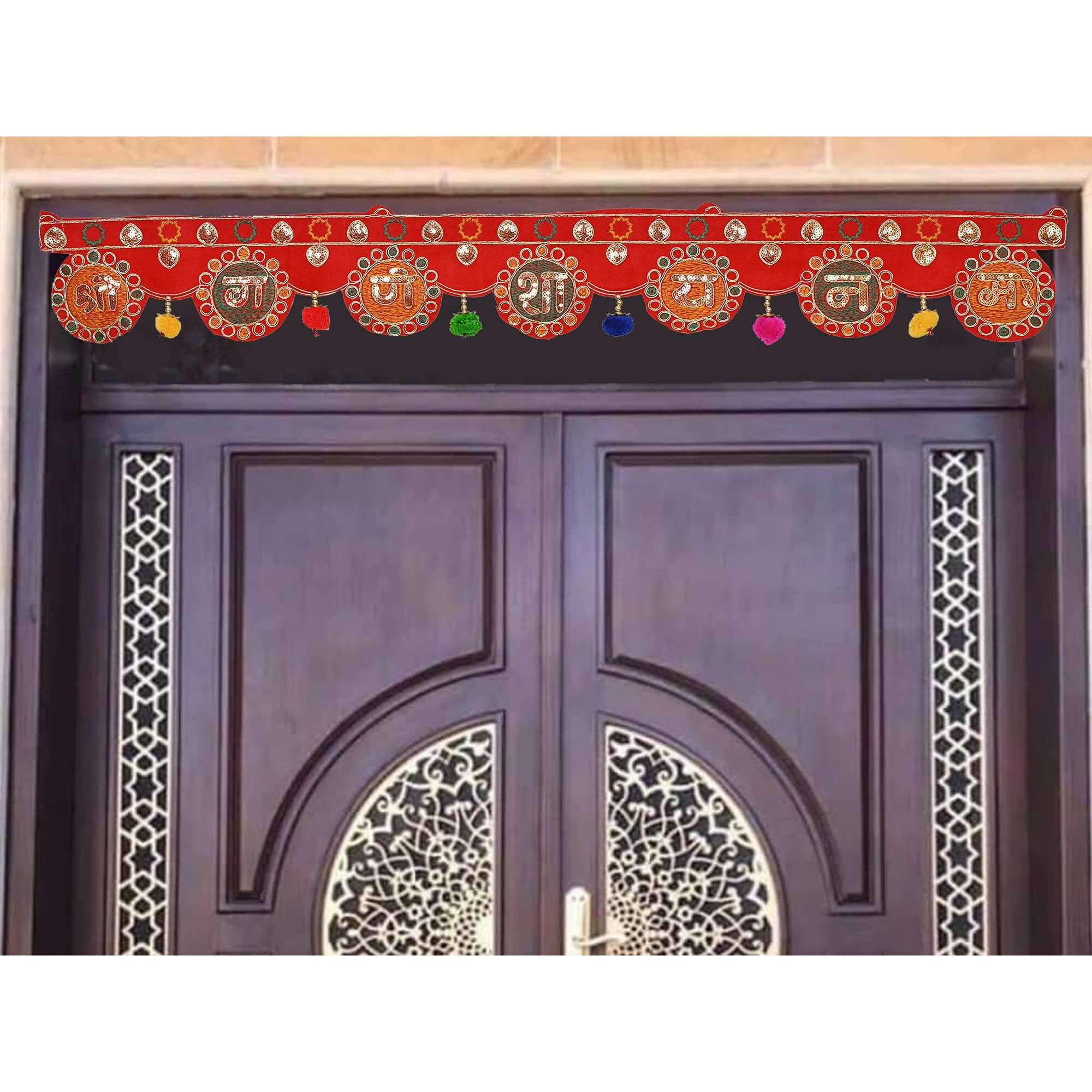 CraftVatika Velvet Toran for Door Hanging,Entrance Diwali,Navratri Bandarwal,Bandhanwar for Pooja Temple Home Decoration Handmade Pompom,Toranam for Pongal Onam Multicolor (37 Inches x 5 Inches)