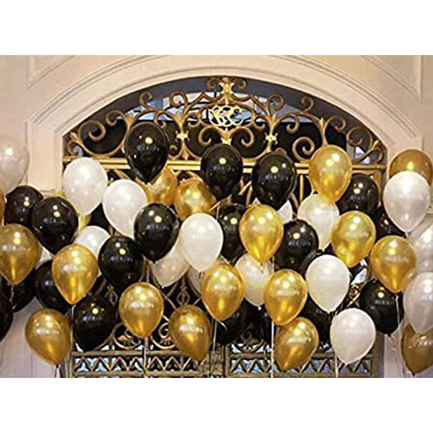 AMFIN 10 Inch Beautiful Royal Metallic Balloons for Weddings, Engagement, Baby Shower, 1st Birthday, Anniversary Party, Bachelors Party, Office Party, Diwali (100, Black Golden And White)