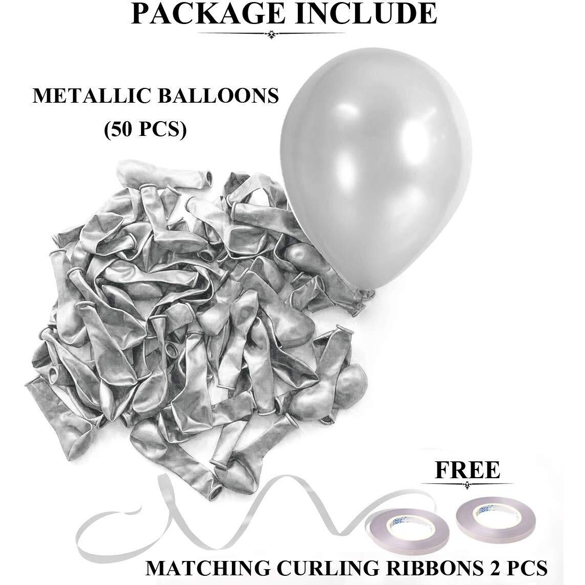 AMFIN 10 Inch (Pack Of 50) Silver Metallic Balloons for Birthday Decoration , Frozen Theme Party Decoration Items , Decoration for Weddings , Engagement , Baby Shower Decoration Items , 1st Birthday Party Decoration Items , Anniversary Party , Bachelors Party , Office Party , Diwali , New Year Party , Christmas Decoration Items