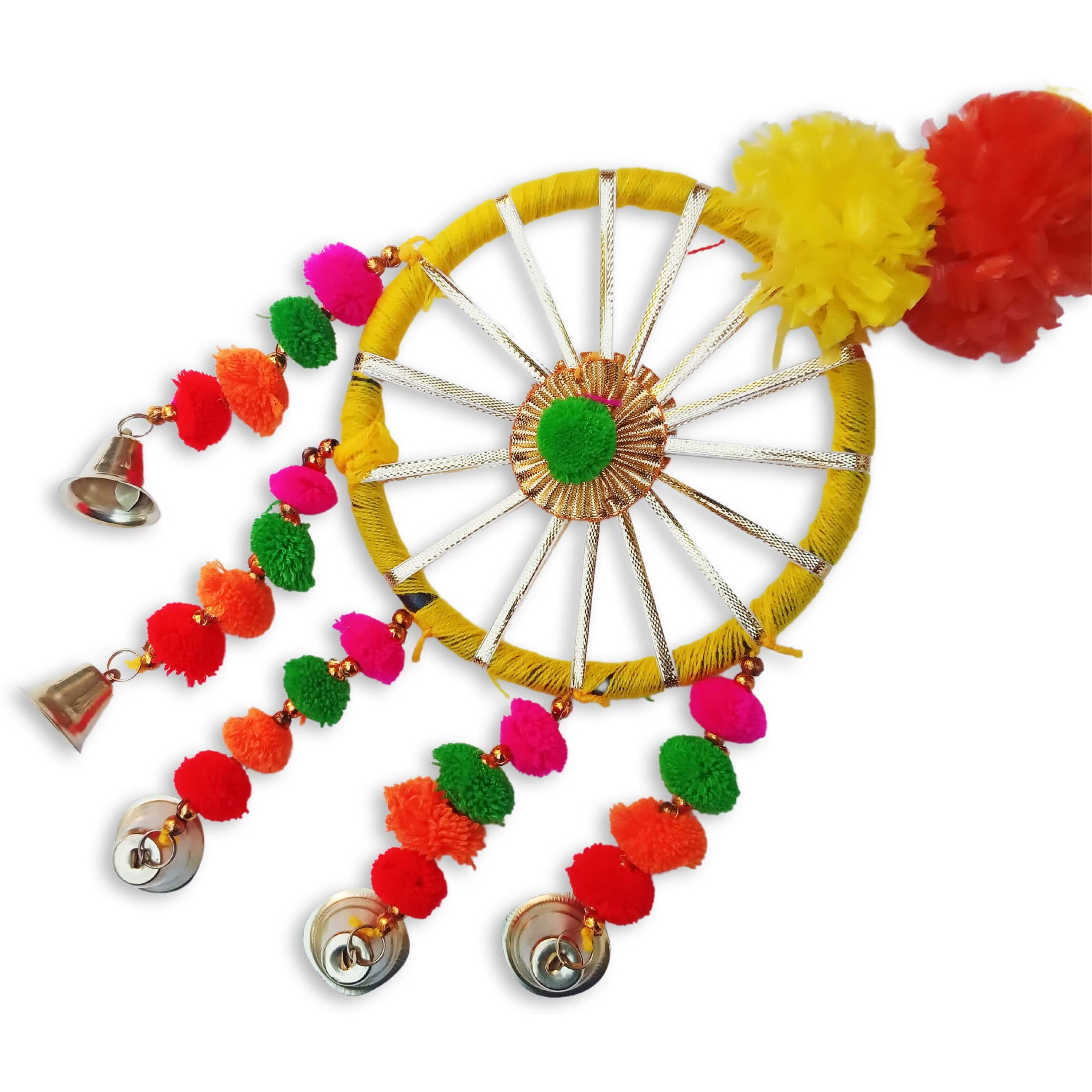 Artificial Marigold Fluffy Flowers Garland String with Bells Ring Pom Pom Rajasthani Wall Door Hanging Latkans Handmade Toran for Diwali Home Wedding Festival Decoration 2.9 Ft Height (8 Piece)