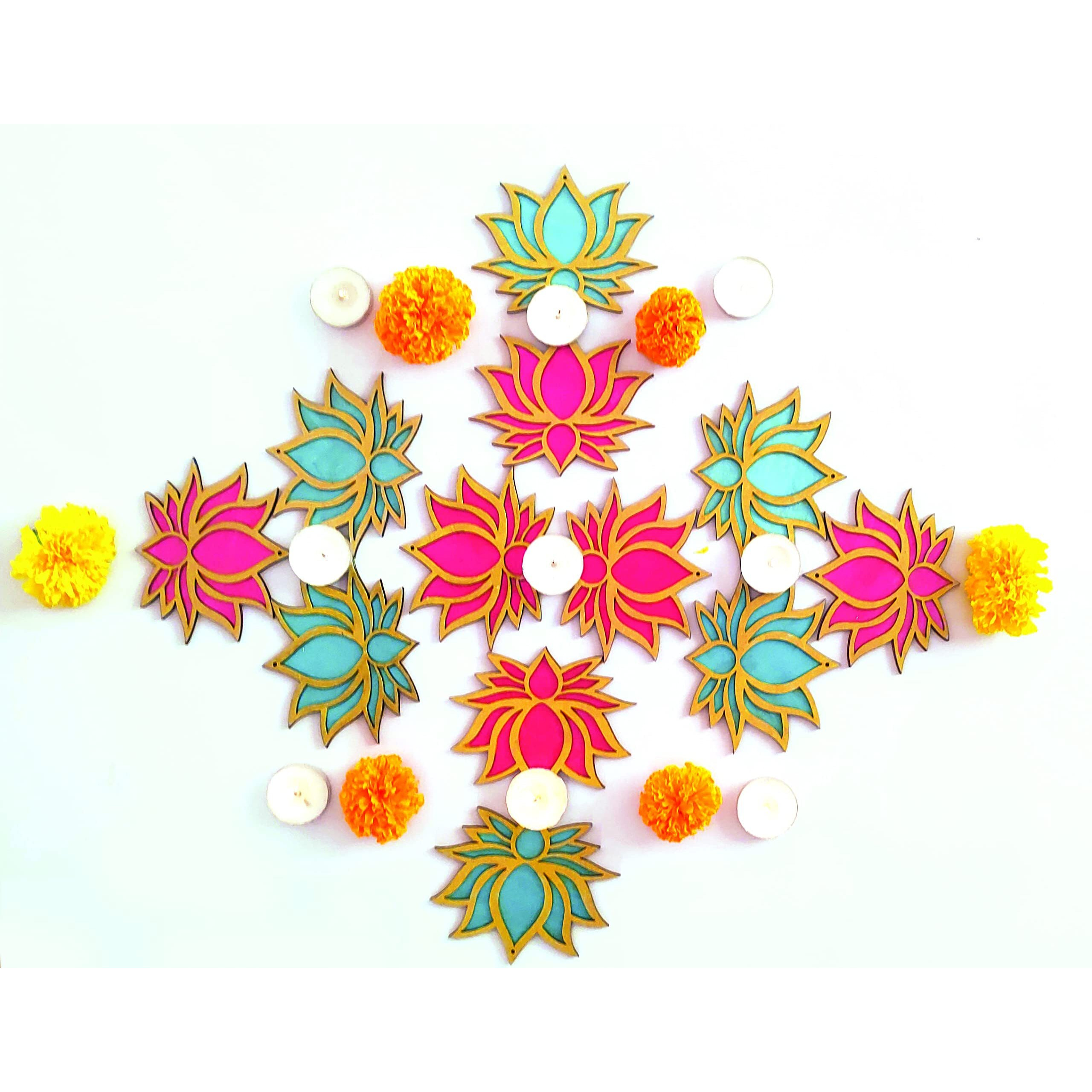 StepsToDo Set of 12 Golden Framed Lotus Flower Shape Wooden Cutout | Rose Pink (6) Ocean Blue (6) | Lotus DIY Rangoli Kit | Diwali, Dashera Decoration, for Pooja, Festival Gift, Wedding Decorations