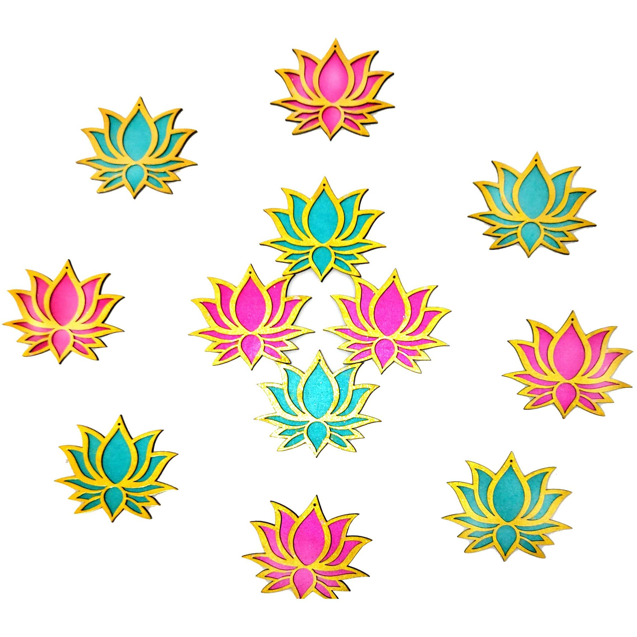 StepsToDo Set of 12 Golden Framed Lotus Flower Shape Wooden Cutout | Rose Pink (6) Ocean Blue (6) | Lotus DIY Rangoli Kit | Diwali, Dashera Decoration, for Pooja, Festival Gift, Wedding Decorations