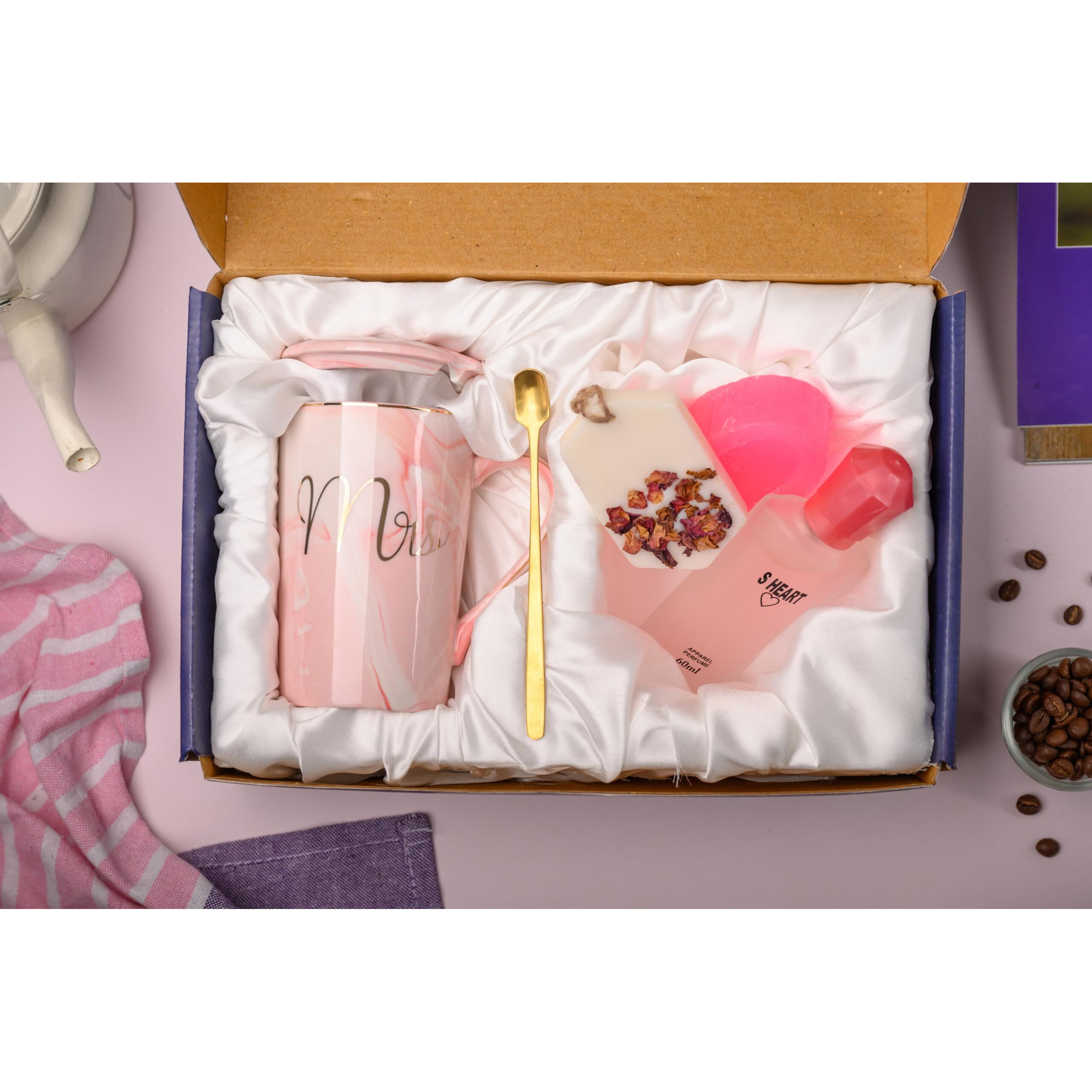 Luxury Gift Set of Women and Men, Diwali Gifts Mrs Coffee Mug, Premium Perfume, Bath Soap, Rose Scented Soy Wax Sachet, Anniversary, Engagement, Birthday Gift for Wife, Husband (Gift for Women)