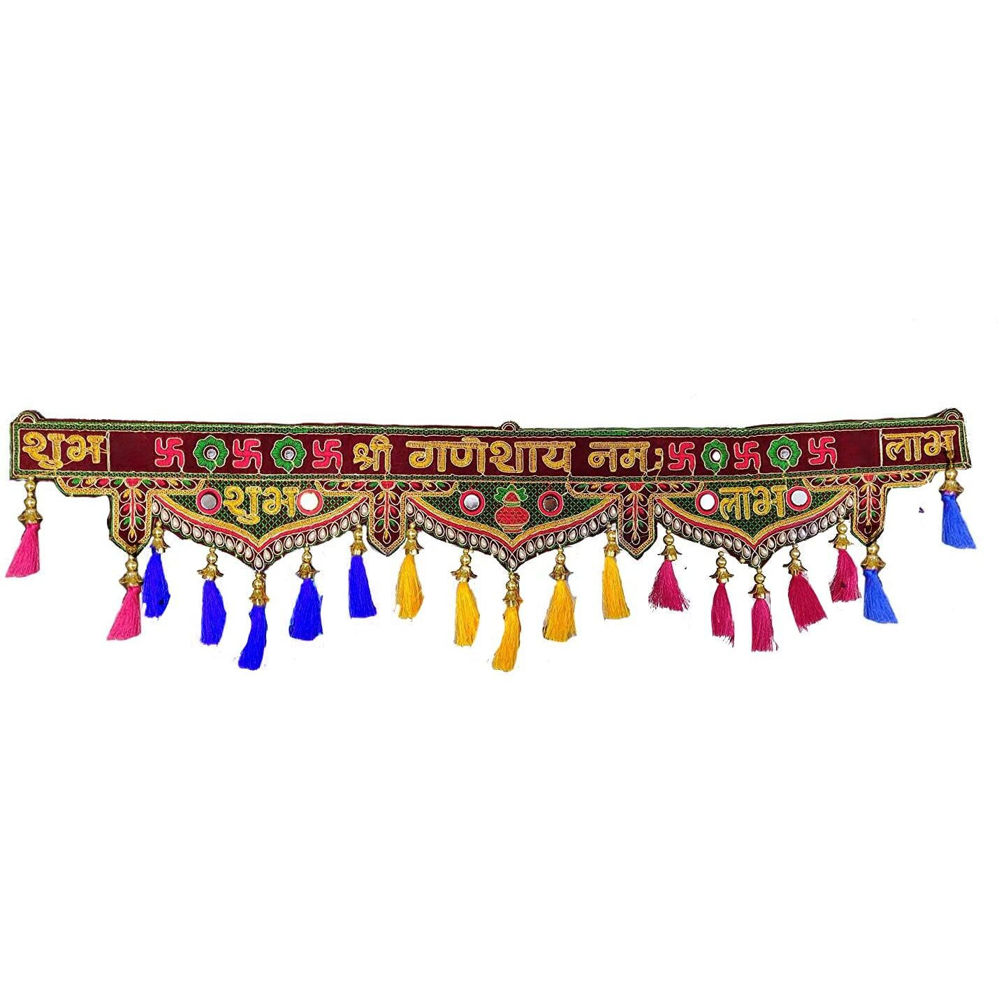 Traditional Ganesha Toran for Pooja Mandir Diwali Decoration Bell Pompom Bandhanwar Bandarwal Toranam for Main Door/Wall Hanging Home Decor Toran Multicolor (37 Inches x 9 Inches)